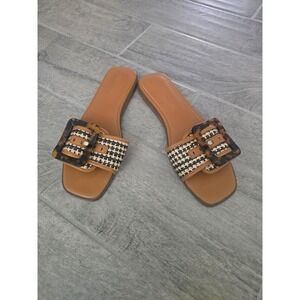 J. McLaughlin Alaia Tan Leather Raffia Woven Slide Sandals Tortoise Buckle 9M